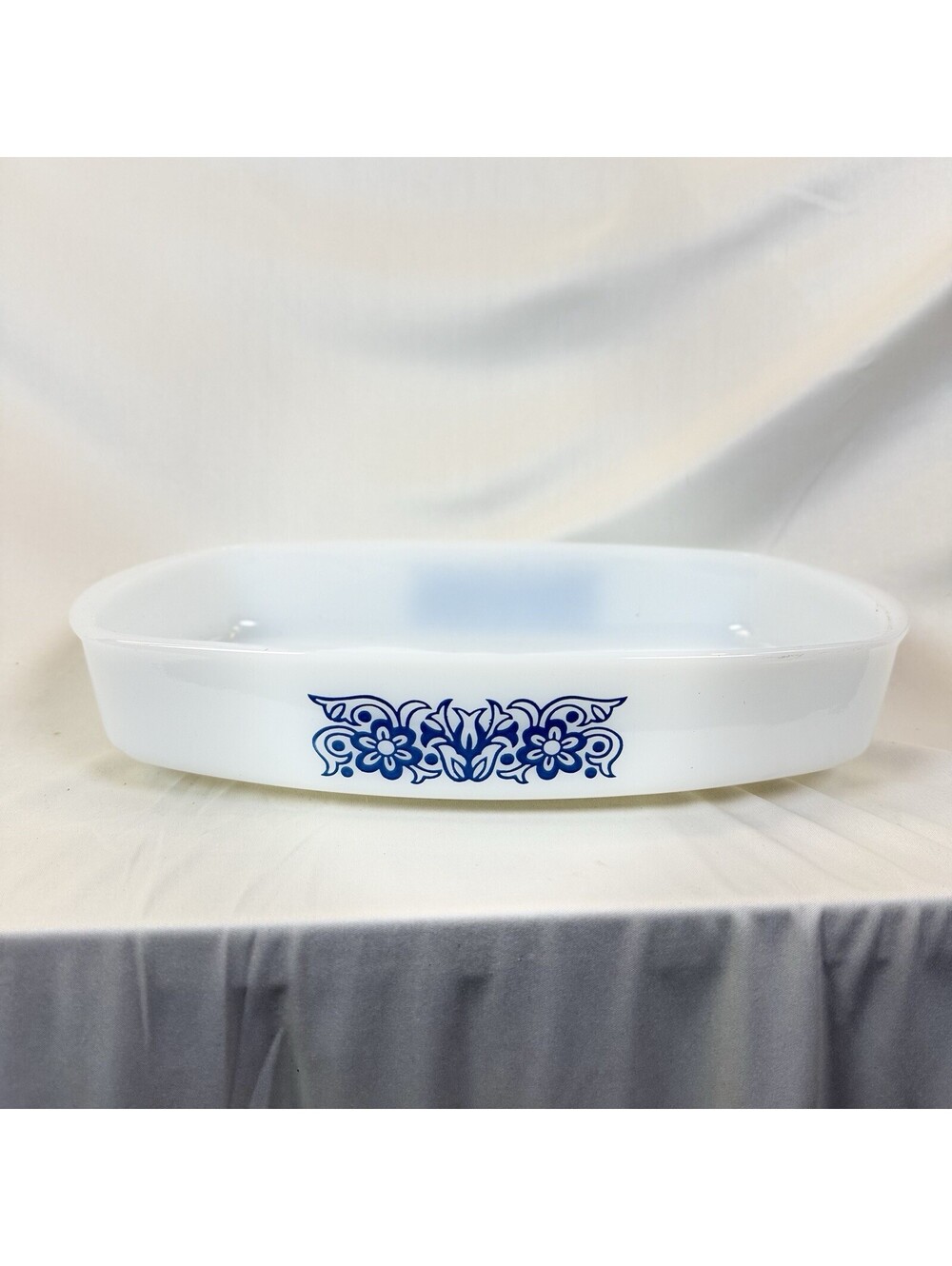 Federal Milk Glass Baking Dish Blue Tulip Pattern 11 X 7